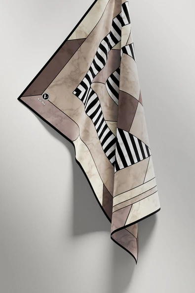 Twill Çizgili Geometrik Mermer Desenli Taş Renkli 90x90 Eşarp (İpek İçermez) Kenar Dikiş Şekli El Dikişli - Resim 4