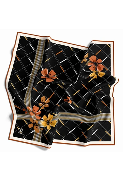 Twill Papatya Desenli Taba Renkli 90x90 Eşarp (İpek İçermez) Kenar Dikiş Şekli El Dikişli - Resim 2