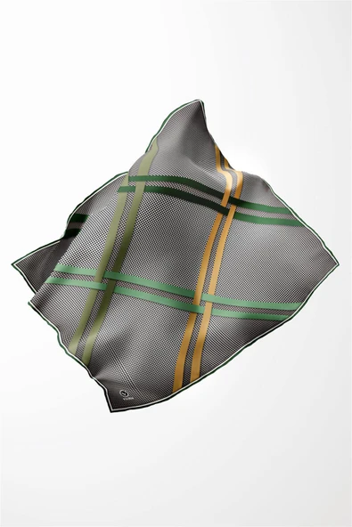 Twill Çizgili Pötikareli Çizgili Desenli Zümrüt Yeşili - Haki Yeşili Renkli 90x90 Eşarp (İpek İçermez) - Resim 4