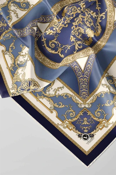 Twill Barok Desenli İndigo Renkli 90x90 Eşarp (İpek İçermez) Kenar Dikiş Şekli El Dikişli ürün görseli