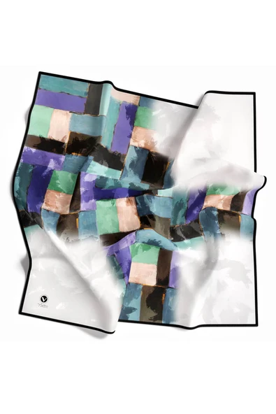 Twill Yağlı Boya Desenli İndigo Renkli 90x90 Eşarp (İpek İçermez) Kenar Dikiş Şekli El Dikişli - Resim 2