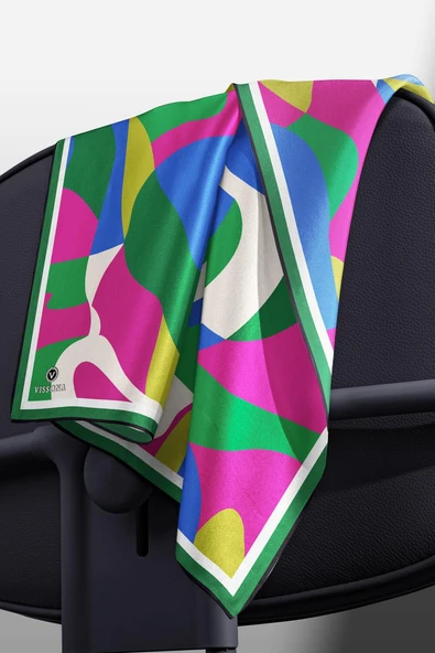 %100 Twill İpek Geometrik Desenli Fuşya - Zümrüt Yeşili Renkli 90x90 Eşarp Dikim Şekli : El Dikişi - Resim 4