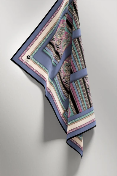 Twill Şal Desenli İndigo Renkli 90x90 Eşarp (İpek İçermez) Kenar Dikiş Şekli El Dikişli - Resim 5