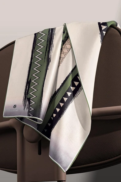 %100 Twill İpek Motifli Ve Şerit Desenli Sütlü Kahve - Çağla Renkli 90x90 Eşarp Dikim Şekli : El Dikişi - Resim 6