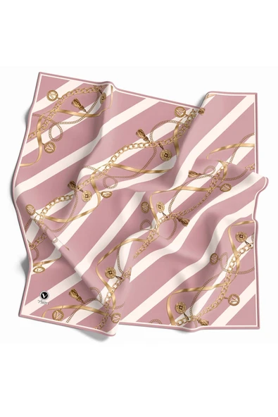 Twill Çizgili Kemer ve Zinci Desenli Pudra Renkli 90x90 Eşarp (İpek İçermez) Kenar Dikiş Şekli El Dikişli - Resim 2