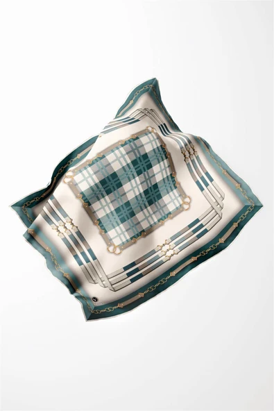 Twill Ekoseli Ve Zincir Desenli Mint Yeşili Renkli 90x90 Eşarp (İpek İçermez) Dikim Şekli : El Dikişi - Resim 4