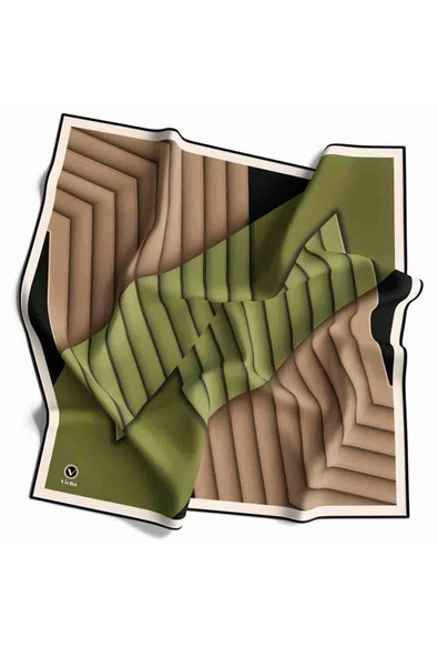 Rayon Zikzak Çizgi Desenli Haki Renkli 90x90 Eşarp (İpek İçermez) Dikim Şekli : El Dikişi - Resim 2