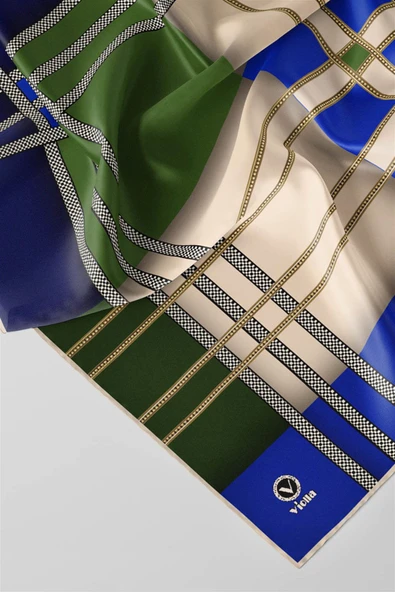 Twill Geometrik Desenli Zümrüt Yeşili - Saks Renkli 90x90 Eşarp (İpek İçermez) Kenar Dikiş Şekli El Dikişli - Resim 3