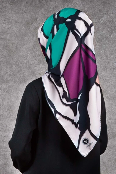 Twill Geometrik Desenli Mürdüm - Petrol Yeşili Renkli 90x90 Eşarp (İpek İçermez) Dikim Şekli : El Dikişi ürün görseli