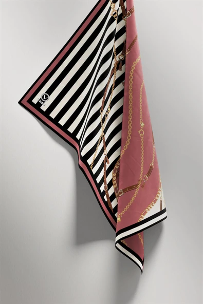 Twill Çizgili Zincir ve Kemer Desenli Pudra Renkli 90x90 Eşarp (İpek İçermez) Kenar Dikiş Şekli El Dikişli - Resim 4