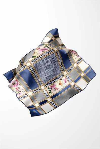 Twill Leopar ve Çiçek Desenli İndigo - Gri Renkli 90x90 Eşarp (İpek İçermez) Dikim Şekli : El Dikişi ürün görseli