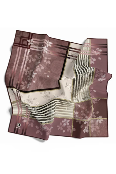 Twill Çiçek Desenli Gül Kurusu Renkli 90x90 Eşarp (İpek İçermez) Kenar Dikiş Şekli El Dikişli ürün görseli