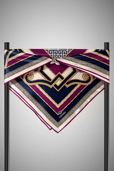 %100 Twill İpek Barok Desenli Mürdüm - Lacivert Renkli 90x90 Eşarp Dikim Şekli : El Dikişi - Resim 4