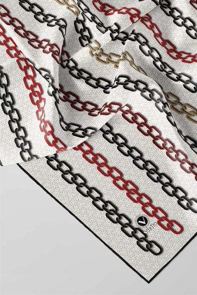 Twill Zincir Desenli Krem - Bordo Renkli 90x90 Eşarp (İpek İçermez) Kenar Dikiş Şekli El Dikişli - Resim 4