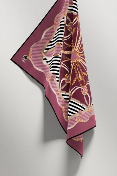 Twill Zincirli Ve Kemer Desenli Pembe Renkli 90x90 Eşarp (İpek İçermez) Kenar Dikiş Şekli El Dikişli - Resim 4