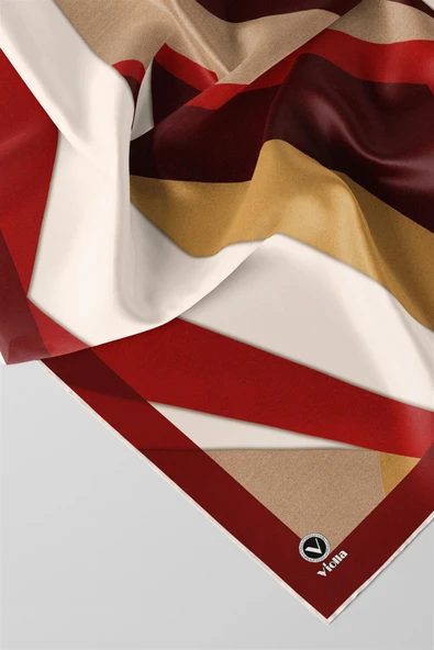 Twill Geometrik Desenli Bordo Renkli 90x90 Eşarp (İpek İçermez) Dikim Şekli : El Dikişi - Resim 2