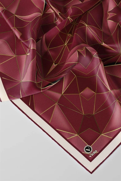Twill Geometrik Desenli Mürdüm Renkli 90x90 Eşarp (İpek İçermez) Kenar Dikiş Şekli El Dikişli - Resim 3