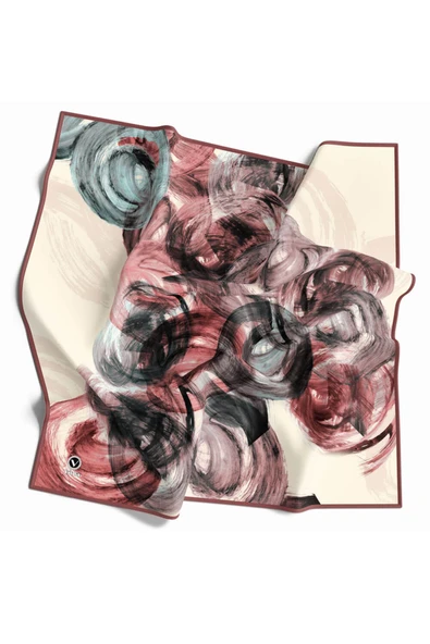 Twill Fırça Efektli Desenli Pudra Renkli 90x90 Eşarp (İpek İçermez) Kenar Dikiş Şekli El Dikişli - Resim 2