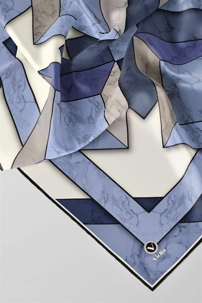 Twill Mermer Desenli İndigo - Lacivert Renkli 90x90 Eşarp (İpek İçermez) Kenar Dikiş Şekli El Dikişli - Resim 3