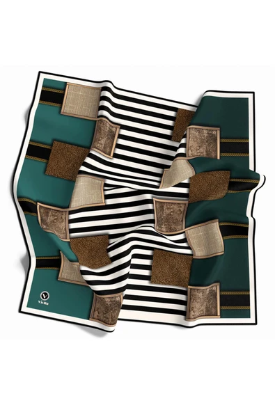 Twill Geometrik Ve Çizgili Desenli Petrol Yeşili Renkli 90x90 Eşarp (İpek İçermez) Dikim Şekli : El Dikişi ürün görseli