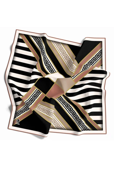 Twill Çizgili Geometrik Desenli Somon Renkli 90x90 Eşarp (İpek İçermez) Kenar Dikiş Şekli El Dikişli ürün görseli