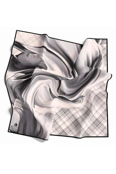 Twill Dalga ve Ekose Desenli Gri Renkli 90x90 Eşarp (İpek İçermez)Kenar Dikiş Şekli El Dikişli ürün görseli