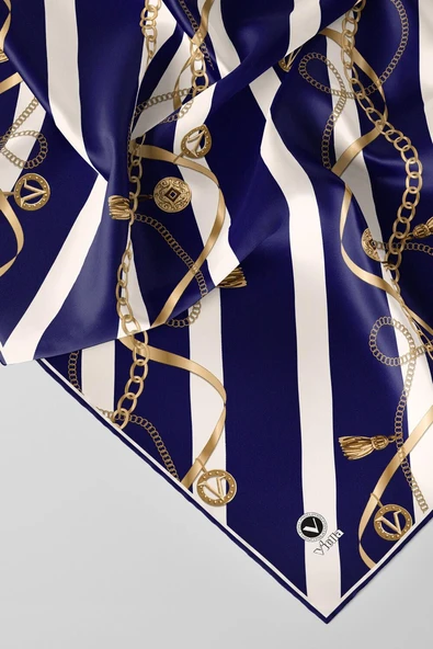 Twill Çizgili Kemer ve Zinci Desenli Krem Renkli 90x90 Eşarp (İpek İçermez) Kenar Dikiş Şekli El Dikişli - Resim 3