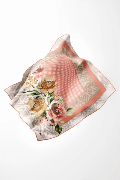 Twill Çiçek Desenli Somon Renkli 90x90 Eşarp (İpek İçermez) Kenar Dikiş Şekli El Dikişli - Resim 2