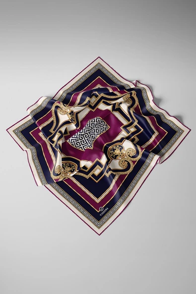 %100 Twill İpek Barok Desenli Mürdüm - Lacivert Renkli 90x90 Eşarp Dikim Şekli : El Dikişi - Resim 5