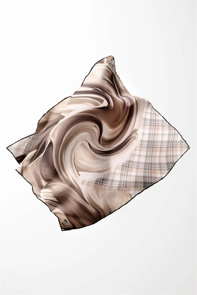 Twill Dalga ve Ekose Desenli Bej Renkli 90x90 Eşarp (İpek İçermez)Kenar Dikiş Şekli El Dikişli - Resim 3