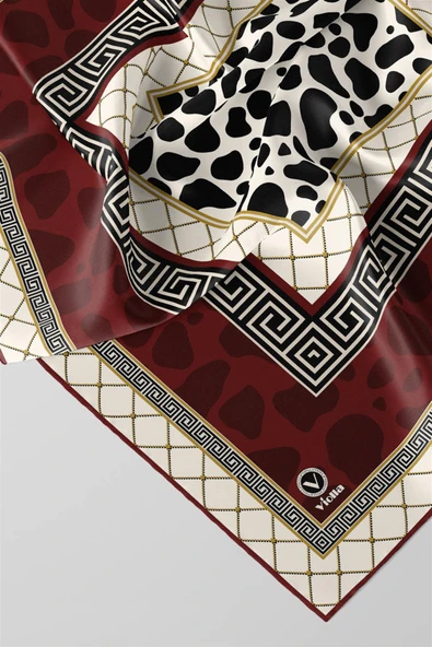 Twill Taş Desenli Bordo Renkli 90x90 Eşarp (İpek İçermez) Kenar Dikiş Şekli El Dikişli - Resim 2