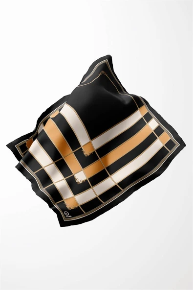 Twill Gold Detaylı Kareli Desenli Sarı Renkli 90x90 Eşarp (İpek İçermez) Kenar Dikiş Şekli El Dikişli - Resim 3