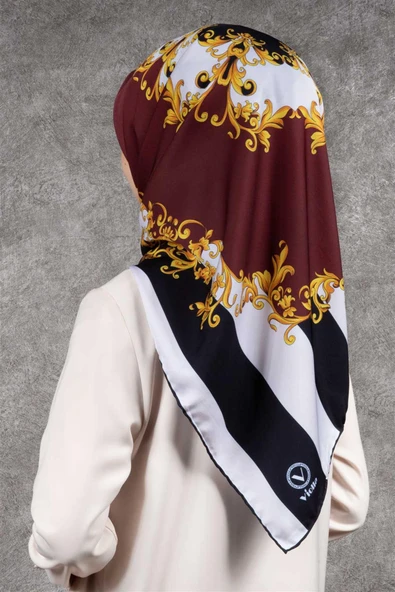 Twill Çizgili Barok Desenli Bordo - Siyah Renkli 90x90 Eşarp (İpek İçermez) Kenar Dikiş Şekli El Dikişli ürün görseli