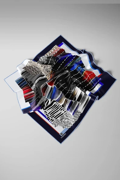 %100 Twill İpek Geometrik Desenli Lacivert - Kırmızı Renkli 90x90 Eşarp Dikim Şekli : El Dikişi - Resim 3