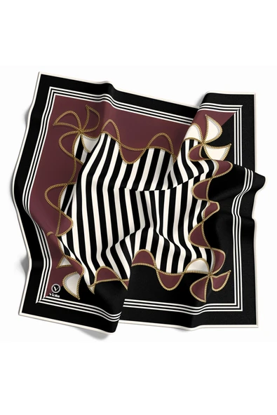 Kristal Geometrik Desenli Siyah - Gül Kurusu Renkli 90x90 Eşarp (İpek İçermez) Kenar Dikiş Şekli El Dikişli ürün görseli