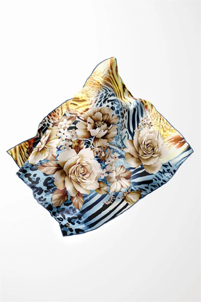 Twill Renkli Şerit Desenli İndigo - Sarı Renkli 90x90 Eşarp (İpek İçermez) Kenar Dikiş Şekli El Dikişli - Resim 3