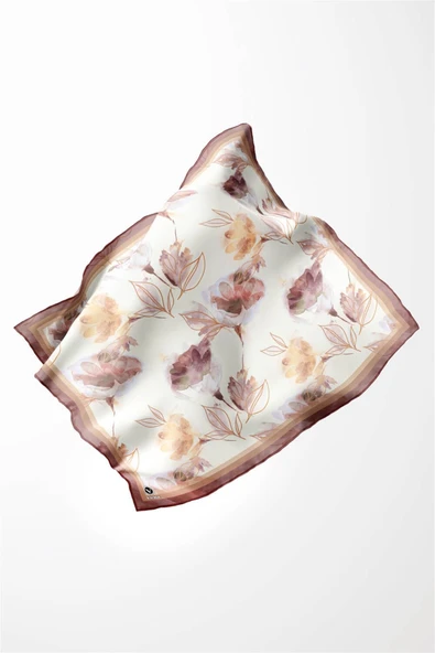 Twill Suluboya Çiçek Desenli Gül Kurusu Renkli 90x90 Eşarp (İpek İçermez) Kenar Dikiş Şekli El Dikişli - Resim 3