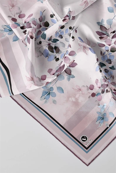 Twill Çiçek Desenli Mor Renkli 90x90 Eşarp (İpek İçermez) Kenar Dikiş Şekli El Dikişli - Resim 2