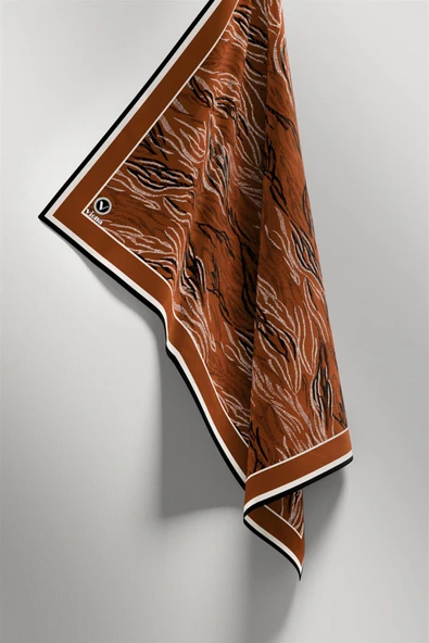 Twill Soyut Çizgi Desenli Taba Renkli 90x90 Eşarp (İpek İçermez) Kenar Dikiş Şekli El Dikişli - Resim 4