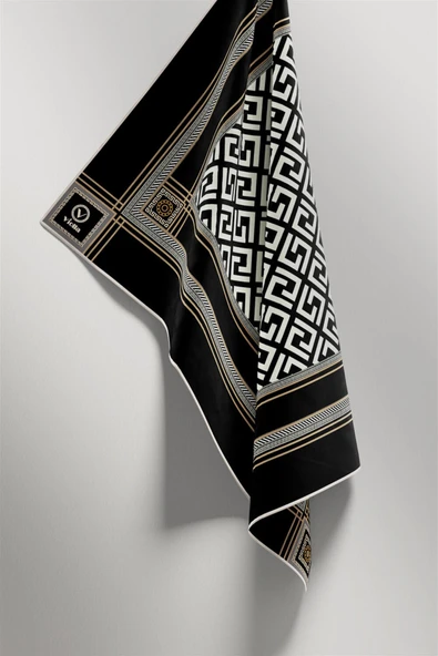 Twill Antik Desenli Siyah Renkli 90x90 Eşarp (İpek İçermez) Kenar Dikiş Şekli El Dikişli - Resim 4