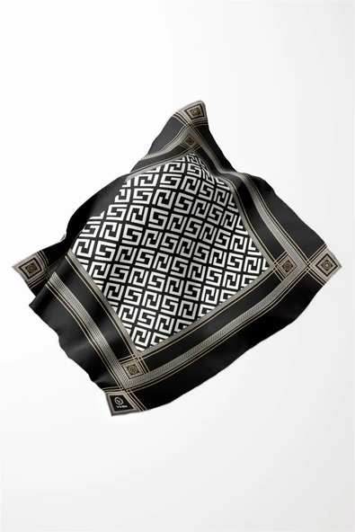Twill Antik Desenli Siyah Renkli 90x90 Eşarp (İpek İçermez) Kenar Dikiş Şekli El Dikişli - Resim 3