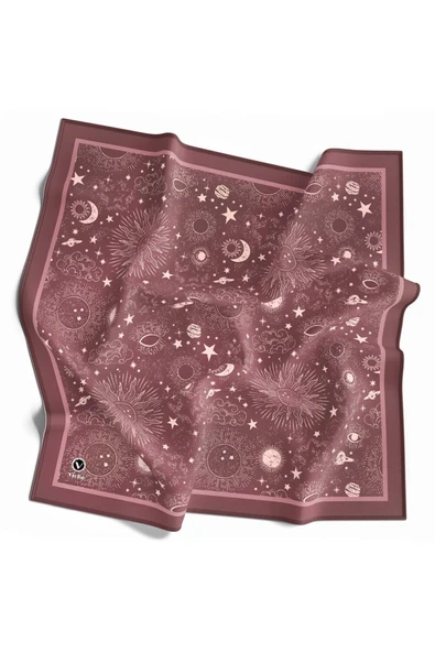 Twill Galaksi Desenli Gül Kurusu Renkli 90x90 Eşarp (İpek İçermez) Dikim Şekli : El Dikişi - Resim 3