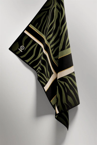 Twill Zebra Desenli Siyah - Haki Renkli 90x90 Eşarp (İpek İçermez) Dikim Şekli : El Dikişi - Resim 4