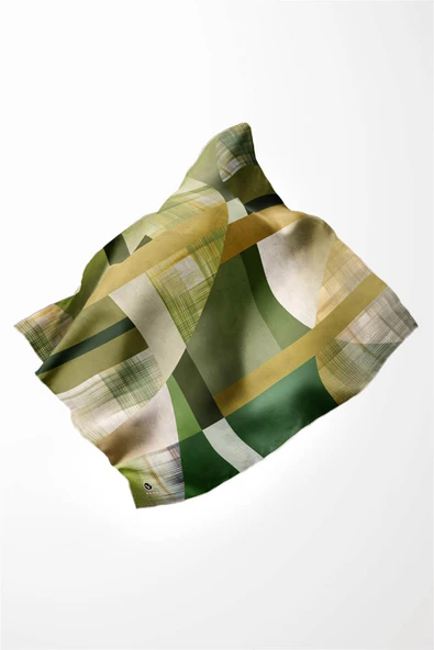 Twill Geometrik Desenli Haki Renkli 90x90 Eşarp (İpek İçermez) Kenar Dikiş Şekli El Dikişli - Resim 4