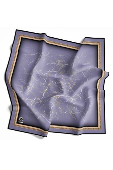 Twill Barok Çerçeveli Mermer Desenli İndigo Renkli 90x90 Eşarp (İpek İçermez) Kenar Dikiş Şekli El Dikişli - Resim 2