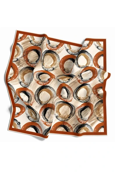 Twill Geometrik Fırça Darbesi Desenli Taba Renkli 90x90 Eşarp (İpek İçermez) Kenar Dikiş Şekli El Dikişli ürün görseli