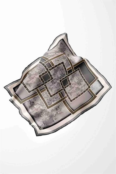 Twill Geometrik Desenli Gri Renkli 90x90 Eşarp (İpek İçermez) Kenar Dikiş Şekli El Dikişli - Resim 4