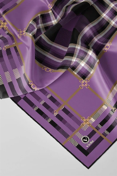 Twill Kemerli ve Ekose Desenli Lila Renkli 90x90 Eşarp (İpek İçermez)Kenar Dikiş Şekli El Dikişli - Resim 4