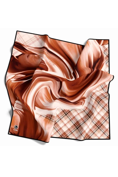 Twill Dalga ve Ekose Desenli Taba Renkli 90x90 Eşarp (İpek İçermez)Kenar Dikiş Şekli El Dikişli ürün görseli