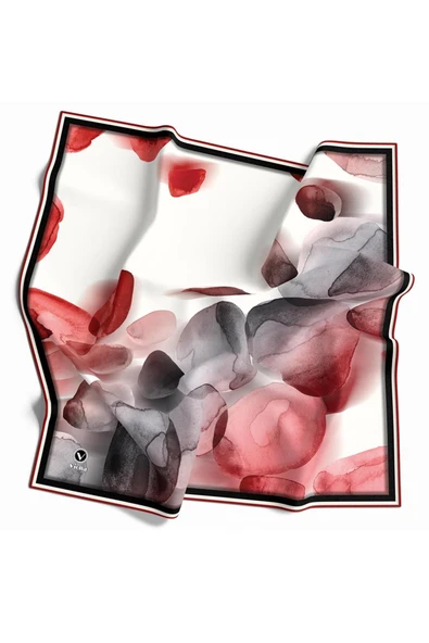 Twill Sulu Boya Desenli Kırmızı - Gri Renkli 90x90 Eşarp (İpek İçermez) Kenar Dikiş Şekli El Dikişli ürün görseli